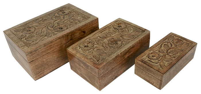 Mango Wood Set Of 3 Flower Oblong Boxes - Click Image to Close